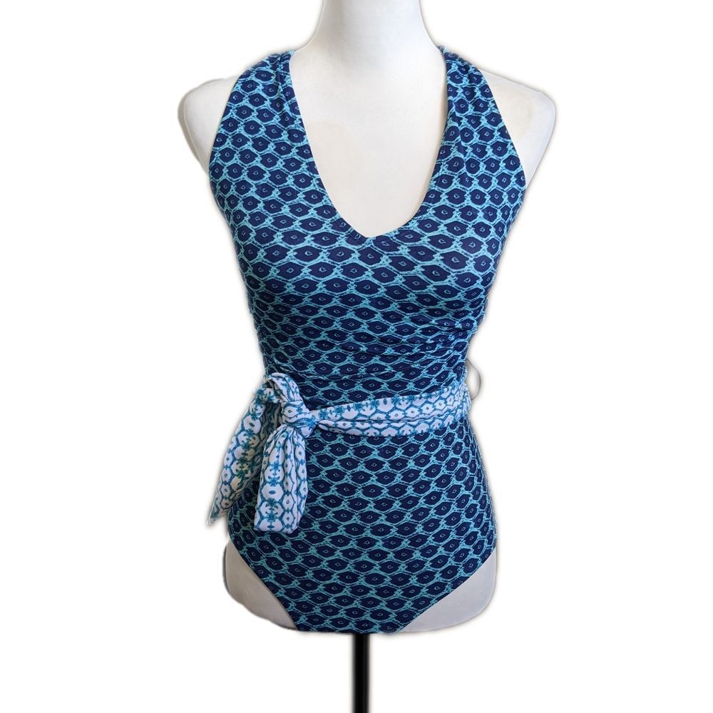 Cabana Life Aruba Blues women's one-piece swimsuit w/ wrap belt, S